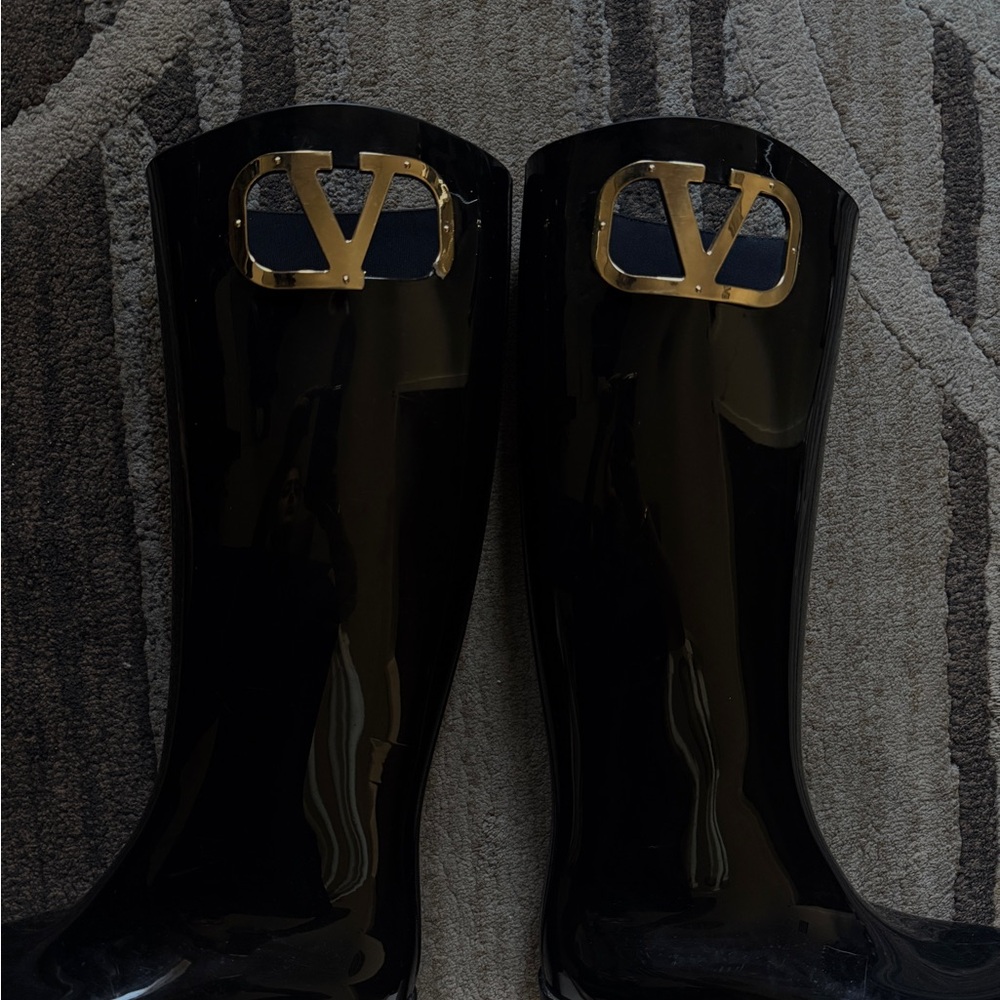 Valentino Glossy Black Boots with Gold Accent